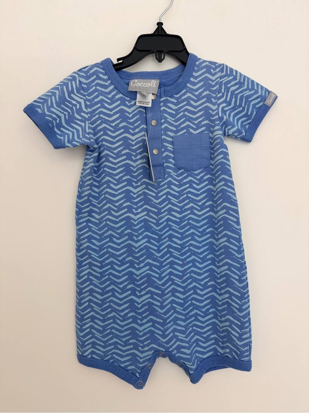 Coccoli Blue Patterned Short-Sleeve Knit Pajama Romper